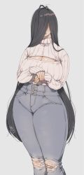 Rule 34 | 1girl, bandaid, black hair, blush, breasts, cleavage, denim, hair over eyes, highres, jeans, large breasts, long hair, muroku (aimichiyo0526), pants, sweater, thick thighs, thighs, torn clothes, torn legwear