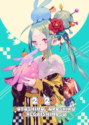 Rule 34 | 1girl, 2023, animal print, blue hair, bukurote, chinese zodiac, commentary request, double bun, eating, flower, food, forehead, fruit, hair bun, hair flower, hair ornament, hairclip, hairpin, heart, heart-shaped pupils, highres, holding, japanese clothes, kagami mochi, kimono, long hair, long sleeves, mandarin orange, original, parted bangs, pink eyes, ponytail, print kimono, rabbit hair ornament, rabbit print, red flower, romaji text, sidelocks, sleeves past wrists, solo, symbol-shaped pupils, very long hair, white flower, wide sleeves, year of the rabbit, yellow kimono