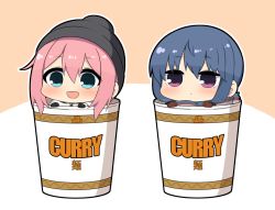 Rule 34 | 2girls, :d, aqua eyes, blue hair, chibi, cup, hair between eyes, hat, in container, in cup, kagamihara nadeshiko, mini person, minigirl, multiple girls, nissin cup noodle, open mouth, pink hair, purple eyes, scarf, shima rin, simple background, smile, twumi, yurucamp