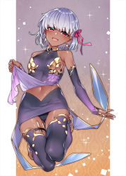 Rule 34 | 1girl, :d, armpits, bare shoulders, bow, breasts, clothes lift, dark-skinned female, dark skin, detached sleeves, dress, dress lift, earrings, fate/grand order, fate (series), flower, hair bow, hand up, holding, jewelry, kama (fate), kama (first ascension) (fate), kodama yuu, legs up, looking at viewer, lotus, navel, open mouth, panties, purple dress, purple sleeves, purple thighhighs, red bow, red eyes, ring, short hair, silver hair, sleeveless, sleeveless dress, small breasts, smile, solo, tan, thighhighs, thighlet, thighs, underwear