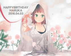Rule 34 | 10s, 1girl, 2016, amami haruka, arm ribbon, blurry, blush, breasts, brown hair, character name, cleavage, dated, depth of field, english text, eyebrows, flower, green eyes, hair ribbon, hand up, happy birthday, idolmaster, idolmaster (classic), laki, looking at viewer, off shoulder, outstretched arm, parted lips, partially submerged, petals, pink flower, red ribbon, ribbon, short hair, solo, veil, wading, water