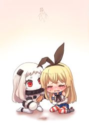 Rule 34 | 10s, 2girls, abyssal ship, bad id, bad pixiv id, bare shoulders, blonde hair, bug, chibi, cicada, closed eyes, crying, dress, elbow gloves, giving up the ghost, gloves, gradient background, hair ribbon, highres, insect, kantai collection, long hair, mittens, multiple girls, neckerchief, northern ocean princess, red eyes, ribbon, sawatari (sado), school uniform, serafuku, shimakaze (kancolle), shirt, shovel, sitting, skirt, striped clothes, striped legwear, striped thighhighs, thighhighs, very long hair, wariza, white dress, white gloves, white hair, worktool, zettai ryouiki