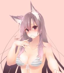 Rule 34 | 1girl, absurdres, animal ears, bikini, breasts, brown hair, cleavage, collarbone, fox ears, hair in own mouth, highres, large breasts, long hair, looking at viewer, orange background, original, red eyes, signature, simple background, solo, striped bikini, striped clothes, swimsuit, upper body, very long hair, zhaofeng yinyue