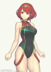 1girl artist_name black_one-piece_swimsuit breasts commentary gofelem one-piece_swimsuit pyra_(pro_swimmer)_(xenoblade) pyra_(xenoblade) red_eyes red_hair red_one-piece_swimsuit short_hair simple_background smile solo standing swimsuit tiara two-tone_one-piece_swimsuit watermark web_address white_background xenoblade_chronicles_(series) xenoblade_chronicles_2