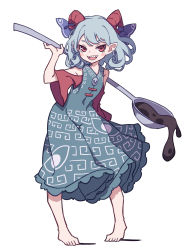 Rule 34 | 1girl, absurdres, barefoot, blue dress, blue ribbon, blush stickers, dress, full body, highres, holding, holding spork, horn ornament, horn ribbon, horns, kame (kamepan44231), meandros, oil, one-hour drawing challenge, open mouth, oversized object, red eyes, red horns, red sleeves, ribbon, sharp teeth, sheep horns, short hair, simple background, smile, solo, spork, teeth, touhou, toutetsu yuuma, white background, white hair