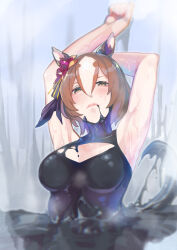Rule 34 | 1girl, absurdres, animal ears, armpits, arms up, breasts, brown hair, closed mouth, commentary request, doushi tatsu to dekkai no, ear covers, ear ornament, frown, hair between eyes, highres, horse ears, horse girl, horse tail, looking at viewer, medium breasts, multicolored hair, partially submerged, pinwheel hair ornament, short hair, slime (substance), solo, streaked hair, sweat, tail, umamusume, upper body, very sweaty, white hair, yaeno muteki (umamusume)
