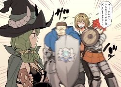 Rule 34 | 2boys, 2girls, armor, brown hair, chloe (unicorn overlord), cloak, cosplay, fake horns, folded hair, green cloak, hat, hiding, hiding behind another, highres, hodrick (unicorn overlord), holding, holding shield, horned hat, horned headwear, horns, ishiyumi, lex (unicorn overlord), multiple boys, multiple girls, o-ring strap, red hair, scale armor, shield, short hair, simple background, translation request, unicorn overlord, vanillaware, witch hat, yahna (unicorn overlord), yahna (unicorn overlord) (cosplay)