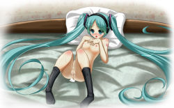 Rule 34 | 1girl, aftersex, aqua eyes, aqua hair, bad id, bad pixiv id, blush, breasts, censored, cum, cum in pussy, cumdrip, hatsune miku, hoihoisan2, long hair, lying, medium breasts, nipples, nude, on back, open mouth, pillow, pussy, socks, solo, sweat, twintails, very long hair, vocaloid
