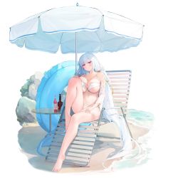 Rule 34 | 1girl, barefoot, beach, beach umbrella, bikini, blush, breasts, chair, character request, cleavage, expressionless, full body, hair ribbon, head tilt, highres, huge breasts, innertube, large breasts, leg up, legs, long hair, looking at viewer, lounge chair, low twintails, muike, navel, official art, outdoors, pink eyes, ribbon, solo, swim ring, swimsuit, thick thighs, thighs, transparent background, twintails, umbrella, very long hair, warship girls r, white bikini, white hair