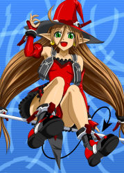 Rule 34 | 1girl, :d, ahoge, banpresto, broom, broom riding, demon tail, dress, earrings, green eyes, hand on headwear, hat, inanaki shiki, jewelry, kyon feulion, long hair, open mouth, pointy ears, red eyes, red hair, smile, solo, super robot wars, super robot wars og saga mugen no frontier, tail, witch hat