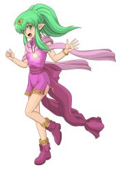 Rule 34 | 1girl, aged down, anklet, artist request, boots, bracelet, child, fang, fire emblem, fire emblem: mystery of the emblem, green eyes, green hair, hair ornament, jewelry, matching hair/eyes, necklace, nintendo, open mouth, pointy ears, ponytail, scarf, smile, solo, tiki (fire emblem), tiki (young) (fire emblem)