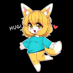 Rule 34 | 1girl, animal ears, blonde hair, blue shirt, blush, bra strap, breasts, brown eyes, chibi, fang, fox ears, fox girl, fox tail, furry, furry female, highres, jupiter europe, long sleeves, looking at viewer, off-shoulder shirt, off shoulder, open mouth, original, shirt, short hair, small breasts, smile, solo, tail