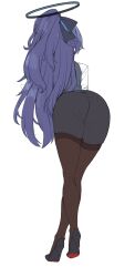 Rule 34 | 1girl, alternate hairstyle, ass, black footwear, black ribbon, black skirt, blue archive, brown thighhighs, commentary request, crossed legs, from behind, full body, hair ribbon, half updo, halo, high heels, highres, legs, long hair, mechanical halo, pantyhose, pencil skirt, ponytail, purple hair, ribbon, shirokuma a, simple background, sketch, skirt, solo, standing, thighhighs, very long hair, white background, yuuka (blue archive)