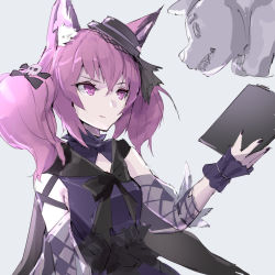 Rule 34 | &gt;:), 1girl, animal ear fluff, animal ears, arknights, black bow, bow, closed mouth, detached sleeves, dress, e-bushi, grey background, hair between eyes, hair bow, hair ornament, hand up, highres, holding, long sleeves, looking away, nail polish, pink hair, puffy long sleeves, puffy sleeves, purple dress, purple eyes, purple nails, see-through, shamare (arknights), simple background, skull hair ornament, smile, solo, twintails, v-shaped eyebrows, wrist cuffs