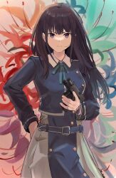 Rule 34 | 1girl, black hair, closed mouth, commentary, flower, gun, handgun, highres, holding, holding weapon, inoue takina, long hair, long sleeves, looking at viewer, lycoris recoil, lycoris uniform, red flower, serious, spider lily, timberg12138, upper body, v-shaped eyebrows, weapon