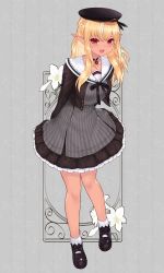 Rule 34 | 1girl, :d, black footwear, black hat, blonde hair, blush, braid, brown jacket, cait aron, dark-skinned female, dark skin, dress, flower, full body, grey dress, hat, highres, hololive, jacket, long hair, looking at viewer, open clothes, open jacket, open mouth, pointy ears, red eyes, sailor collar, sailor dress, sailor hat, shiranui flare, shiranui flare (street), shoes, smile, socks, solo, virtual youtuber, white flower, white sailor collar, white socks