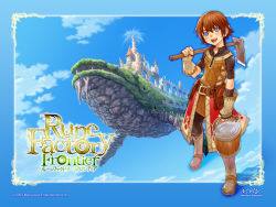Rule 34 | 1boy, :d, blue eyes, blue sky, boots, brown hair, bucket, building, day, fingerless gloves, gloves, hoe, house, looking at viewer, male focus, open mouth, outdoors, over shoulder, raguna, rune factory, rune factory frontier, sky, smile, solo, standing, wallpaper, water, worktool