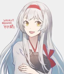 Rule 34 | 1girl, :d, character name, dated, hairband, kantai collection, kasumi (skchkko), long hair, long sleeves, looking at viewer, muneate, open mouth, red hairband, shoukaku (kancolle), signature, smile, solo, twitter username, upper body, white hair