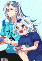 Rule 34 | 1boy, 1girl, alternate costume, bangs pinned back, blue eyes, blue hair, closed mouth, clothes writing, controller, furina (genshin impact), game controller, genshin impact, grey hair, hair between eyes, hair ornament, hair scrunchie, holding, holding controller, holding game controller, long hair, mismatched pupils, multicolored hair, neuvillette (genshin impact), one side up, open mouth, pants, playing games, pointy ears, scrunchie, shirt, short sleeves, shorts, simple background, sitting, sweat, takamatsu (yamajiai), white hair