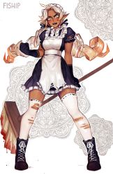 Rule 34 | 1girl, absurdres, angry, artist name, black footwear, black gloves, black ribbon, blonde hair, blood, blood stain, blush, boots, broom, clenched hand, commentary, cross-laced footwear, dark-skinned female, dark elf, dark skin, doily, dress, drill hair, elf, english commentary, frills, full body, gloves, hair ribbon, highres, legs apart, long hair, looking at viewer, low twintails, maid, maid headdress, matilda fiship, open mouth, original, pointy ears, puffy short sleeves, puffy sleeves, ribbon, ribbon-trimmed legwear, ribbon trim, short sleeves, simple background, solo, standing, thighhighs, torn clothes, torn dress, torn thighhighs, twintails, white background, white thighhighs, yellow eyes