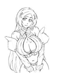 1girl bleach bleach:_sennen_kessen-hen breasts cleavage inoue_orihime kubo_tite_(style) large_breasts long_hair midriff navel rakusakugk solo