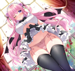 Rule 34 | 1girl, absurdres, black dress, black gloves, black thighhighs, blush, breasts, bush, closed mouth, clothes lift, collared dress, curtains, day, demon, demon girl, demon wings, dress, dress lift, flower, frilled dress, frills, gloves, gluteal fold, hair flower, hair ornament, highres, indoors, large breasts, lifted by self, long hair, maid, maid headdress, navel, non-web source, one eye closed, original, panties, pink hair, pink panties, purple eyes, ringo sui, sidelocks, skirt, skirt lift, smile, standing, thighhighs, thighs, underboob, underwear, very long hair, wide hips, window, wings
