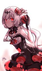 Rule 34 | 1girl, absurdres, bare shoulders, black dress, black gloves, blurry, blurry background, closed mouth, cutescookie, dated, depth of field, dress, eyes visible through hair, flower, gloves, hair between eyes, hair flower, hair intakes, hair ornament, highres, honkai (series), honkai impact 3rd, layered dress, leaning forward, long hair, looking at viewer, pleated dress, red eyes, red flower, red rose, rose, signature, solo, strapless, strapless dress, theresa apocalypse, very long hair, white hair