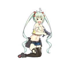 Rule 34 | &gt; &lt;, 1girl, aqua hair, blush, bow, breasts, closed eyes, covering privates, covering breasts, embarrassed, full body, girls&#039; frontline, gun, hair bow, holster, large breasts, long hair, micro uzi, micro uzi (dorky sleepyhead) (girls&#039; frontline), micro uzi (girls&#039; frontline), official alternate costume, official art, shirt, shoes, shorts, sky-freedom, sneakers, solo, spaghetti strap, submachine gun, thighhighs, torn clothes, torn shirt, torn shorts, torn thighhighs, transparent background, twintails, very long hair, wavy mouth, weapon