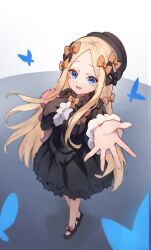 :d abigail_williams_(fate) animal black_bow black_dress black_footwear black_hat blonde_hair blue_eyes bow bug butterfly commentary dress english_commentary fate/grand_order fate_(series) full_body hair_bow hat highres insect long_hair long_sleeves looking_at_viewer miya_(miyaruta) open_mouth orange_bow parted_bangs puffy_long_sleeves puffy_sleeves shoes simple_background sleeves_past_fingers sleeves_past_wrists smile very_long_hair white_background