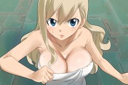 Rule 34 | 1girl, bare shoulders, blonde hair, blue eyes, breasts, cleavage, collarbone, colorized, eden&#039;s zero, gaston18, highres, large breasts, long hair, mashima hiro, rebecca bluegarden, towel