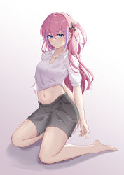 Rule 34 | 1girl, absurdres, alternate costume, arms behind back, barefoot, blue eyes, blush, breasts, chinese commentary, closed mouth, collarbone, full body, girls&#039; frontline, grey shorts, highres, legs, long hair, looking at viewer, navel, on floor, one smoke, pink hair, shirt, short sleeves, shorts, side ponytail, small breasts, solo, st ar-15 (girls&#039; frontline), white background, white shirt