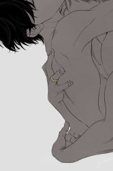 Rule 34 | 2boys, arm around waist, arms around neck, artist name, back, black hair, colored eyelashes, commentary request, covered mouth, expressionless, eyelashes, fingernails, grey hair, hand on another&#039;s back, head back, head out of frame, highres, hug, husband and husband, jewelry, jitome, katsuki yuuri, liam yoi, male focus, multiple boys, muscular, muted color, ring, shoulder blades, topless male, upper body, viktor nikiforov, wedding ring, yaoi, yuri!!! on ice