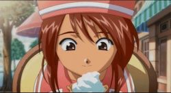 Rule 34 | 00s, 1girl, animated, animated gif, brown eyes, brown hair, coquelicot (sakura taisen), eating, food, ice cream, licking, looking at viewer, lowres, outdoors, sakura taisen, sakura taisen iii, sexually suggestive, soft serve, solo