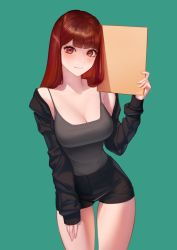 Rule 34 | 1girl, absurdres, black shorts, blunt bangs, blush, breasts, brown hair, cleavage, hantata, highres, holding, large breasts, long hair, long sleeves, looking at viewer, original, red eyes, shirt, shorts, simple background, smile, solo, standing