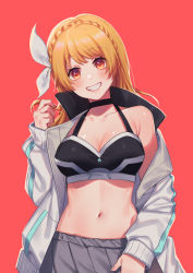 Rule 34 | 1girl, aimoto rinku, black choker, blonde hair, blush, bra, braid, breasts, choker, cleavage, collarbone, commentary request, cowboy shot, crown braid, d4dj, grey jacket, grey skirt, grin, hair ornament, hair ribbon, halterneck, hand up, jacket, large breasts, long hair, long sleeves, looking at viewer, medium breasts, navel, noriuma, off shoulder, open clothes, open jacket, pleated skirt, red background, red eyes, ribbon, simple background, single bare shoulder, skirt, smile, solo, sports bra, stomach, underwear