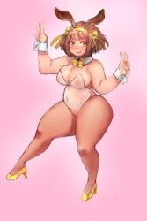Rule 34 | 1girl, animal ears, blush, breasts, brown hair, brown pantyhose, cleavage, covered navel, curvy, detached collar, double v, fake animal ears, full body, hair ribbon, high heels, highres, keigi, leotard, medium breasts, open mouth, pantyhose, pink background, playboy bunny, plump, rabbit ears, ribbon, short hair, simple background, sketch, smile, solo, suzumiya haruhi, suzumiya haruhi no yuuutsu, teeth, thick eyebrows, thick thighs, thighs, upper teeth only, v, wrist cuffs, yellow eyes, yellow footwear