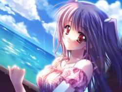 Rule 34 | 1girl, airi (quilt), carnelian, cloud, day, game cg, jewelry, long hair, necklace, ocean, outdoors, pink hair, quilt, quilt (game), sky, solo, sunlight, twintails, two side up, wallpaper, water