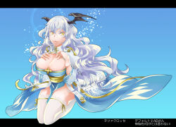Rule 34 | 1girl, arch bishop (ragnarok online), black wings, blue background, blue dress, breast suppress, breasts, cleavage, cleavage cutout, clothing cutout, commentary request, cross, demon wings, dress, flowery peko, full body, hair between eyes, hands on own breasts, head wings, juliet sleeves, large breasts, letterboxed, long hair, long sleeves, looking at viewer, medium bangs, open mouth, pelvic curtain, puffy sleeves, ragnarok online, sash, smile, solo, thighhighs, translation request, two-tone dress, wavy hair, white dress, white hair, white thighhighs, wings, yellow eyes, yellow sash