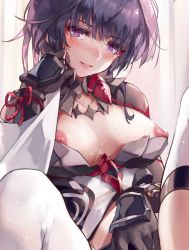 Rule 34 | 1girl, armor, blush, breasts, gauntlets, grin, heart, heart-shaped pupils, honkai (series), honkai impact 3rd, large breasts, lips, long hair, looking at viewer, nipples, paid reward available, ponytail, purple eyes, purple hair, raiden mei, raiden mei (danzai spectramancer), smile, spread legs, symbol-shaped pupils, teeth, thighhighs, white thighhighs, zomzomzomsauce