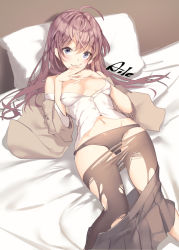 Rule 34 | 1girl, ahoge, aile (crossroads), artist name, bare shoulders, bed sheet, black panties, black pantyhose, blue eyes, blush, breasts, breasts apart, brown hair, brown jacket, brown skirt, closed mouth, clothes pull, dress shirt, fingernails, hair between eyes, ichinose shiki, idolmaster, idolmaster cinderella girls, idolmaster cinderella girls starlight stage, interlocked fingers, jacket, long hair, looking at viewer, lying, medium breasts, off shoulder, on back, open clothes, open jacket, panties, pantyhose, pantyhose pull, partially unbuttoned, pillow, pleated skirt, shirt, skirt, skirt pull, smile, solo, torn clothes, torn pantyhose, underwear, white shirt