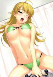 Rule 34 | 1girl, ;o, absurdres, ahoge, bare shoulders, bikini, blonde hair, blush, bouncing breasts, breasts, collarbone, fingernails, girl on top, green bikini, green eyes, highres, hoshii miki, idolmaster, idolmaster (classic), long fingernails, long hair, navel, one eye closed, open mouth, riding machine, scan, solo, stomach, straddling, swimsuit, tanaka shoutarou, underboob, wink