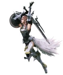 Rule 34 | 10s, 1girl, 3d, absurdres, armor, armpits, boots, breastplate, elbow gloves, feathers, female focus, final fantasy, final fantasy xiii, final fantasy xiii-2, full body, gloves, gunblade, highres, lightning farron, long hair, official art, pink hair, pteruges, shield, simple background, solo, sword, thighhighs, weapon