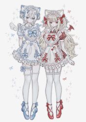 2girls absurdres angel_wings animal_ears apron blonde_hair blue_bow blue_bowtie blue_eyes blue_footwear blue_shirt blue_skirt blush bow bowtie cat cat_ears cat_girl collared_shirt demon_wings frilled_apron frilled_headwear frilled_skirt frills full_body hair_between_eyes hair_bow hair_ornament hairpin heart heart_apron heart_hair_ornament high_heels highres holding light_blush long_hair looking_at_viewer maid maid_apron maid_headdress multiple_girls original oysi_mysi pink_bow plaid_clothes plaid_shirt plaid_skirt puffy_short_sleeves puffy_sleeves red_bow red_bowtie red_eyes red_footwear red_shirt red_skirt shirt short_hair short_sleeves sidelocks signature simple_background skirt skirt_set thighhighs waist_apron white_apron white_background white_bow white_hair wings zettai_ryouiki