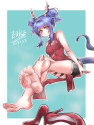 Rule 34 | 1girl, absurdres, arknights, barefoot, blue hair, blush, ch&#039;en (arknights), chinese clothes, crossed legs, double bun, dragon tail, feet, hair bun, hand on own knee, highres, horns, long hair, looking at viewer, red eyes, shoes, unworn shoes, soles, steam, sweat, tail, toes