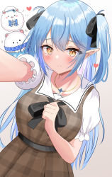 Rule 34 | 1girl, absurdres, black bow, blue hair, blush, bow, breasts, brown dress, closed mouth, commentary request, daifuku (yukihana lamy), dress, dutch angle, elf, eyes visible through hair, hair bow, heart, highres, hololive, jewelry, large breasts, long hair, looking at viewer, necklace, official alternate costume, onabe no shime, outstretched arm, plaid, plaid dress, pointy ears, selfie, short sleeves, simple background, smile, two side up, virtual youtuber, yellow eyes, yukihana lamy, yukihana lamy (casual), yukimin (yukihana lamy)