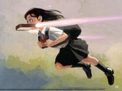 Rule 34 | 1girl, artist logo, backpack, bag, black bag, black footwear, black hair, black skirt, black socks, bow, bowtie, bread slice, brown eyes, commentary request, floating, flying, fmu, food, food in mouth, full body, green background, holding strap, late for school, loafers, long hair, looking ahead, looking away, loose bowtie, midair, mouth hold, original, pleated skirt, red bow, red bowtie, school uniform, shirt, shirt tucked in, shoes, short sleeves, skirt, socks, solo, toast, toast in mouth, watermark, white shirt