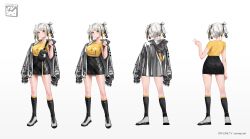 Rule 34 | 1girl, absurdres, black legwear, black skirt, blush, breasts, checkered clothes, checkered skirt, clock, closed mouth, fanny pack, full body, grey hoodie, grey jacket, hair between eyes, highres, hina (offlinetv), holding, hood, hoodie, jacket, mazamuno, medium breasts, offlinetv, shirt, shoes, short hair, short sleeves, simple background, skirt, solo, standing, white background, white footwear, white hair, yellow shirt