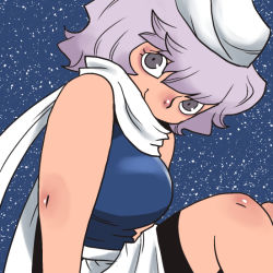 Rule 34 | 1girl, adapted costume, apron, bike shorts, black shorts, blouse, blue shirt, breasts, from side, hat, legs, letty whiterock, light purple hair, looking at viewer, night, night sky, nose, onikobe rin, purple eyes, scarf, shiny skin, shirt, short hair, shorts, sitting, sky, smile, snowing, solo, touhou, upper body, white scarf