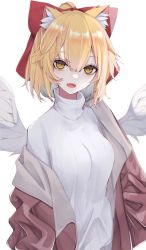 Rule 34 | 1girl, absurdres, animal ear fluff, blonde hair, bow, breasts, gengetsu (touhou), hair between eyes, hair bow, highres, jacket, looking at viewer, medium breasts, open mouth, red bow, red jacket, short hair, simple background, solo, sweater, touhou, touhou (pc-98), tsune (tune), turtleneck, turtleneck sweater, white background, white sweater, white wings, wings, yellow eyes