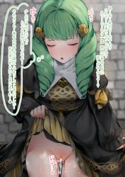 Rule 34 | 1girl, aftersex, bar censor, black dress, blush, censored, cleft of venus, closed eyes, clothes lift, cowboy shot, cum, cum in pussy, cumdrip, dress, dress lift, drill hair, echigoya takeru, fire emblem, fire emblem: three houses, flayn (fire emblem), green hair, hair ornament, highres, lifted by self, long sleeves, nintendo, open mouth, pussy, solo, translated